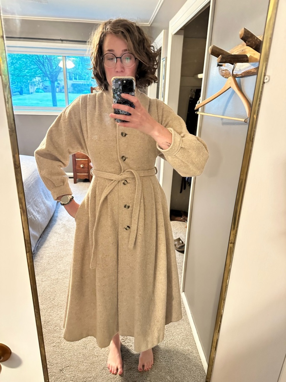 Vintage Cream Wool A-Line Button Down Maxi Coat